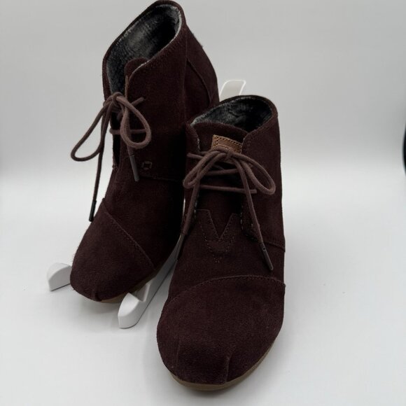 Toms Desert Wedge Heel Ankle Boots Lace-Up Burgundy Suede Bootie Size 7 Women's - Picture 2 of 11